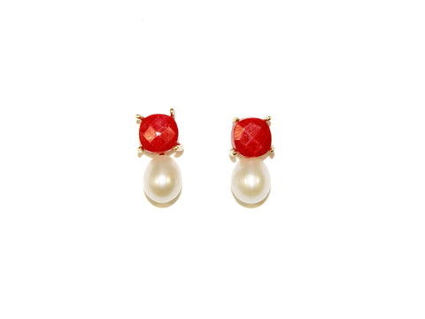 Semi-Precious Stone & Pearl Drop Studs - Carnelian/Pearl