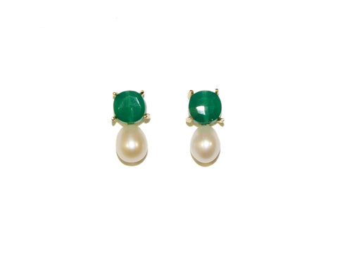 Semi-Precious Stone & Pearl Drop Studs - Green Onyx/Pearl