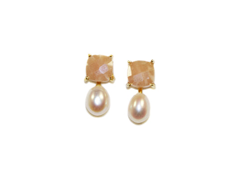 Semi-Precious Stone & Pearl Drop Studs - Pink Moonstone/Pearl