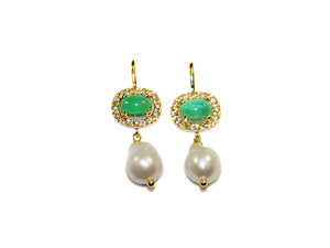 Semi-Precious Stone Rosette & Pearl Drop Earrings - Green Onyx/Pearl