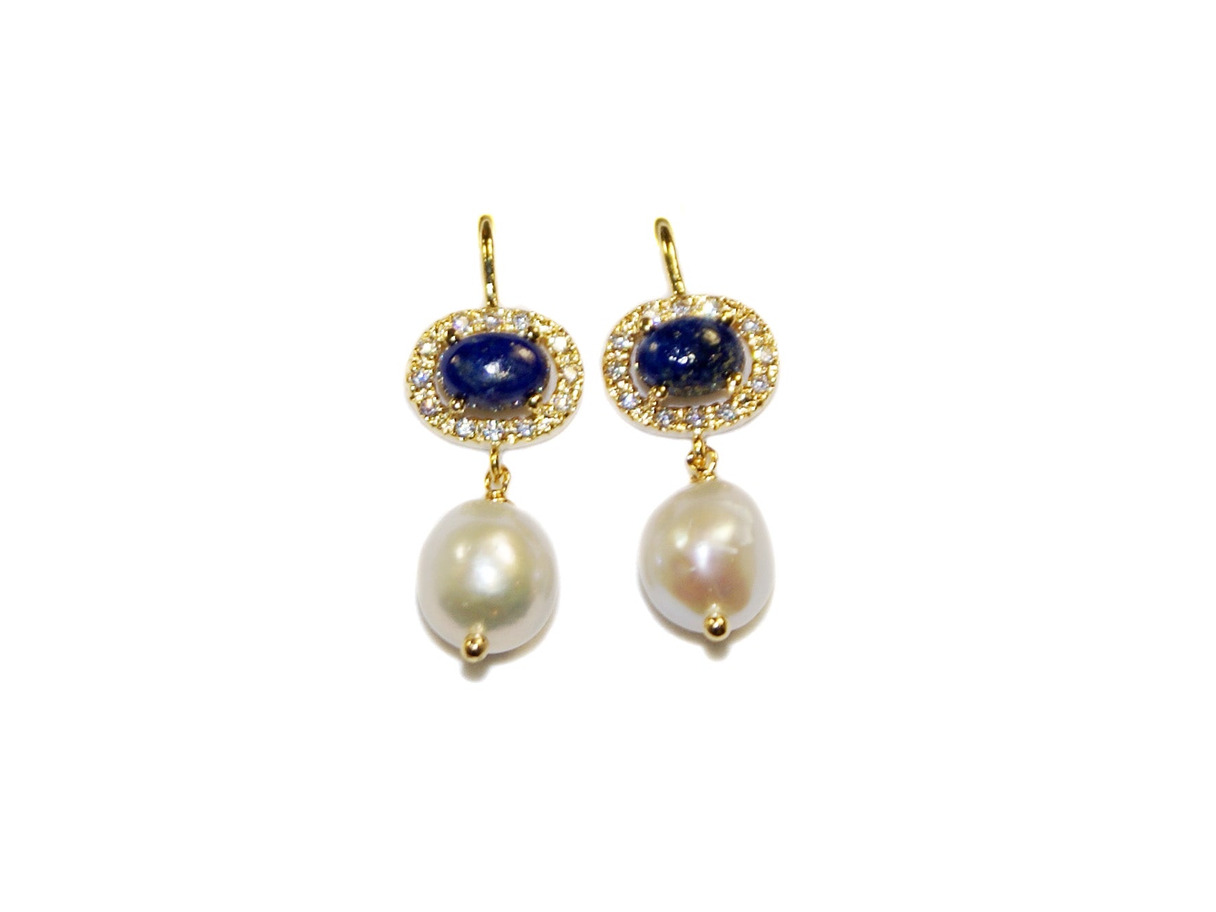 Semi-Precious Stone Rosette & Pearl Drop Earrings - Lapis-Lazuli/Pearl