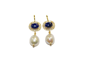 Semi-Precious Stone Rosette & Pearl Drop Earrings - Lapis-Lazuli/Pearl