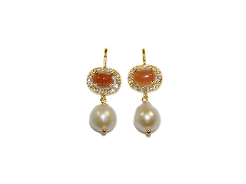 Semi-Precious Stone Rosette & Pearl Drop Earrings - Peach Moonstone/Pearl