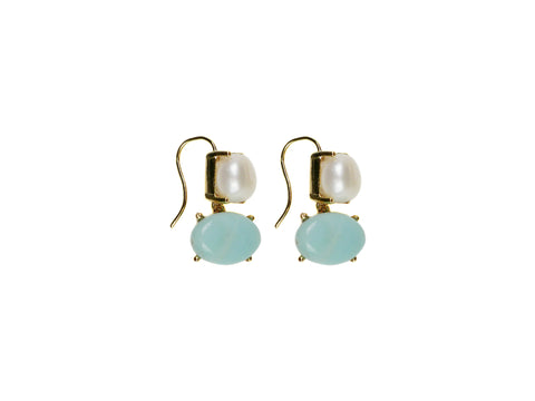 Pearl and Semi-Precious Stone Drop Earrings - Amazonite/Pearl