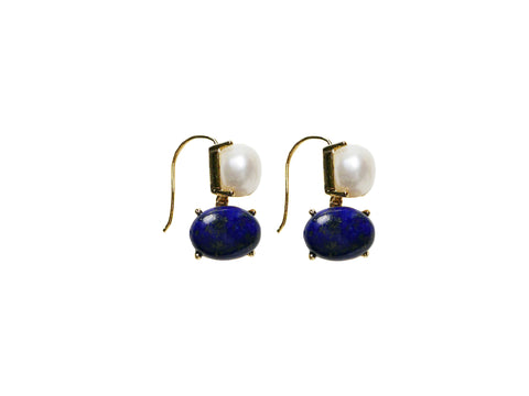 Pearl and Semi-Precious Stone Drop Earrings - Lapis Lazuli/Pearl