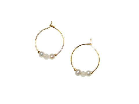 Two Pearls One Stone Small Hoop Earrings - Moonstone