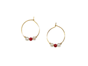 Two Pearls One Stone Small Hoop Earrings - Ruby