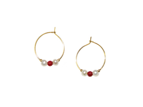 Two Pearls One Stone Small Hoop Earrings - Ruby