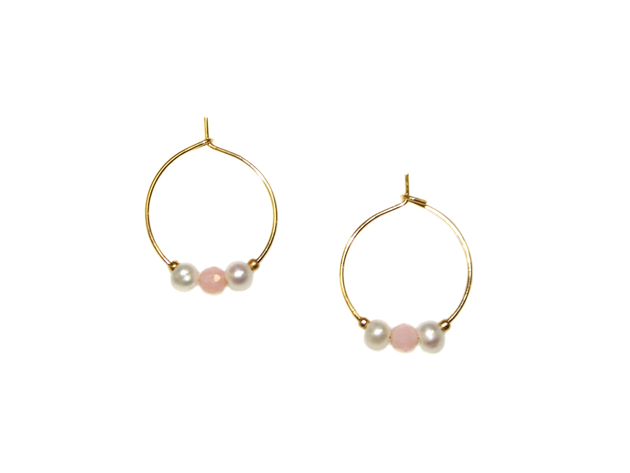 Two Pearls One Stone Small Hoop Earrings - Rose Quartz