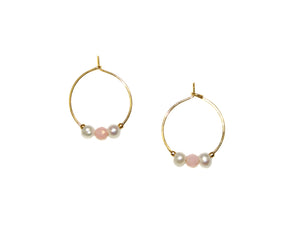 Two Pearls One Stone Small Hoop Earrings - Rose Quartz