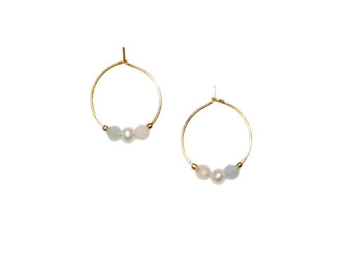 Two Stones One Pearl Small Hoop Earrings - Rainbow Moonstone