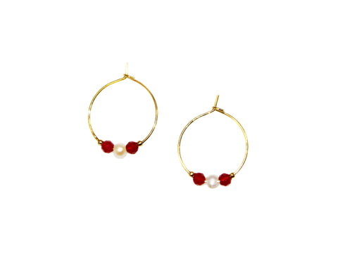 Two Stones One Pearl Small Hoop Earrings - Ruby