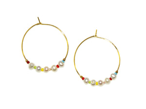 Five Pearl + Beads Large Hoop Earrings - Multi/Gold