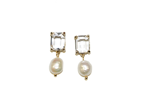 Square Glass + Pearl Studs - Crystal