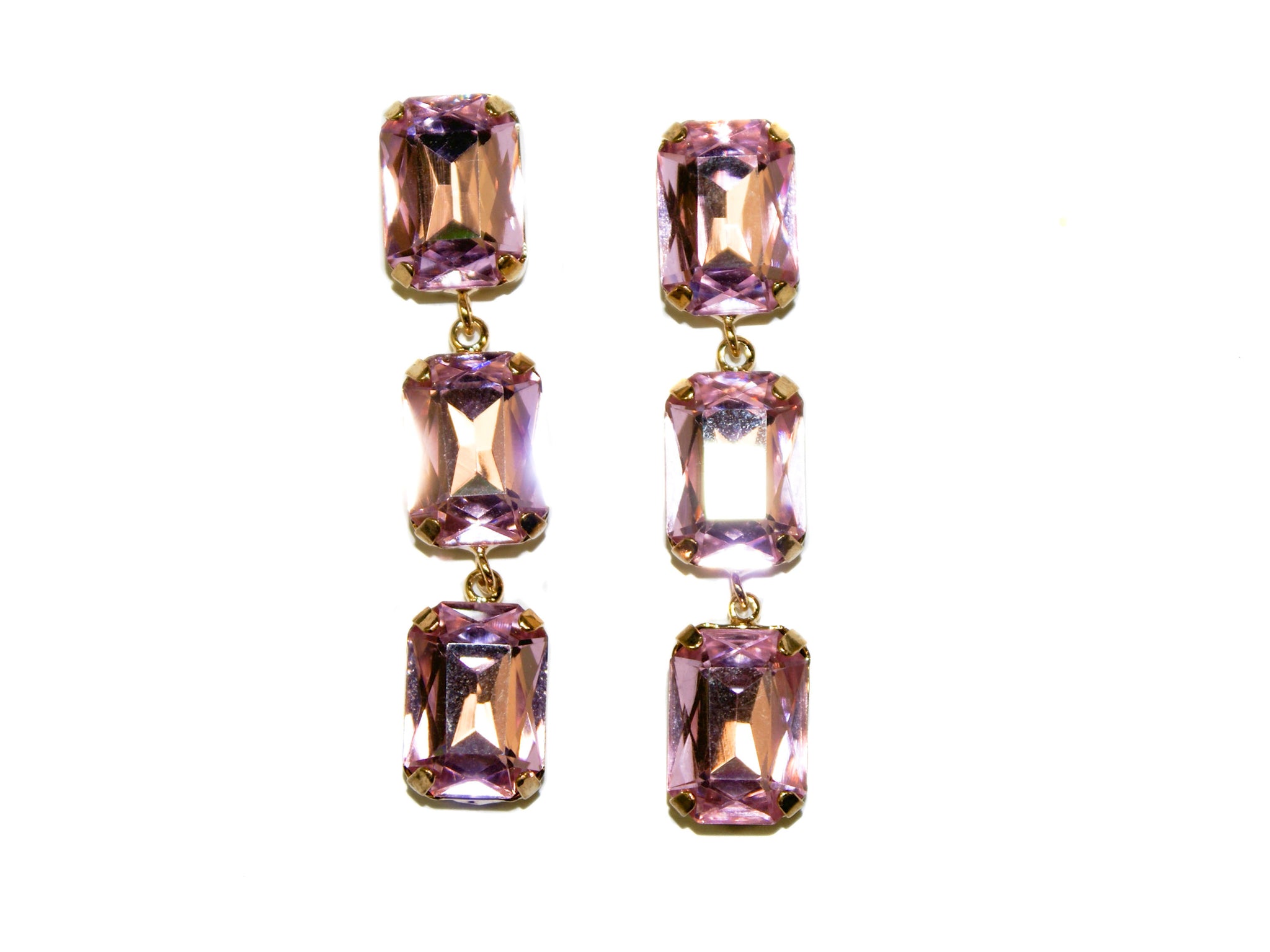 Square Glass 3 Drop Studs - Pink