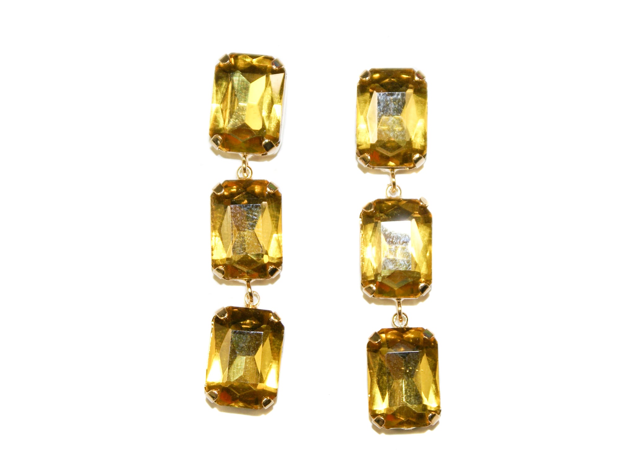 Square Glass 3 Drop Studs - Yellow