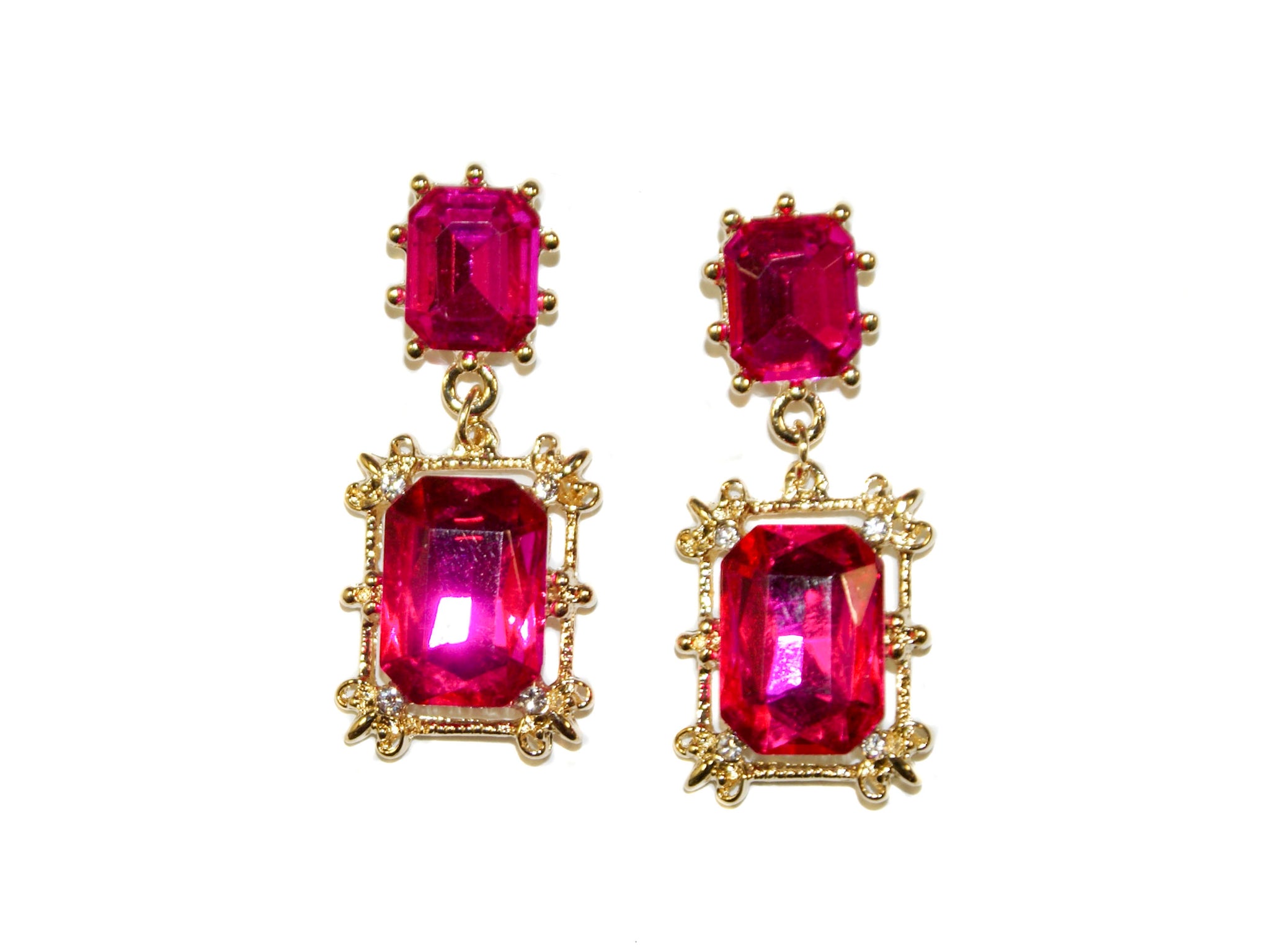 Victoria Square Glass 2 Drop Studs - Fuchsia