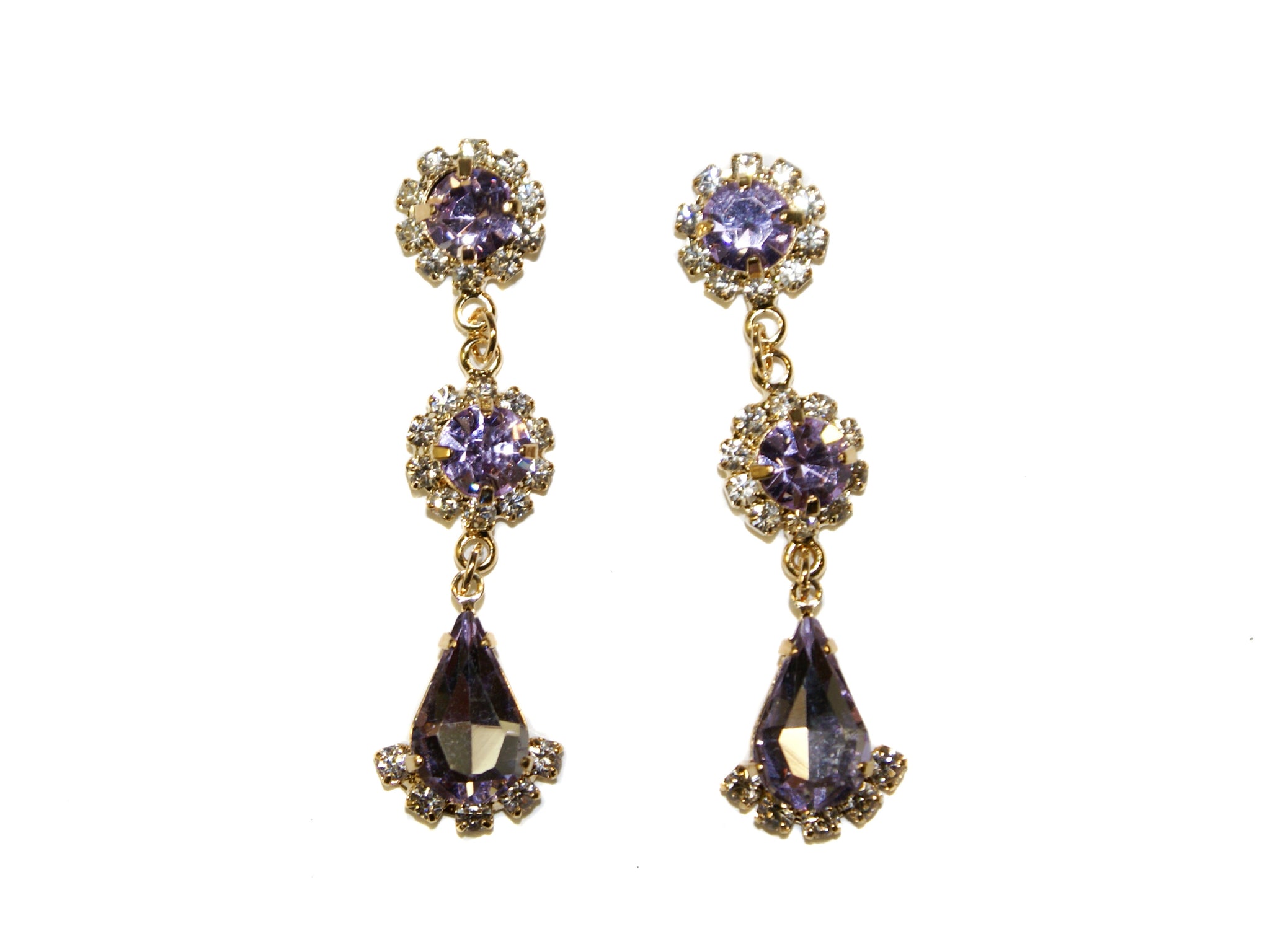 Two Circle + Teardrop Diamante Glass Drop Studs - Amethyst