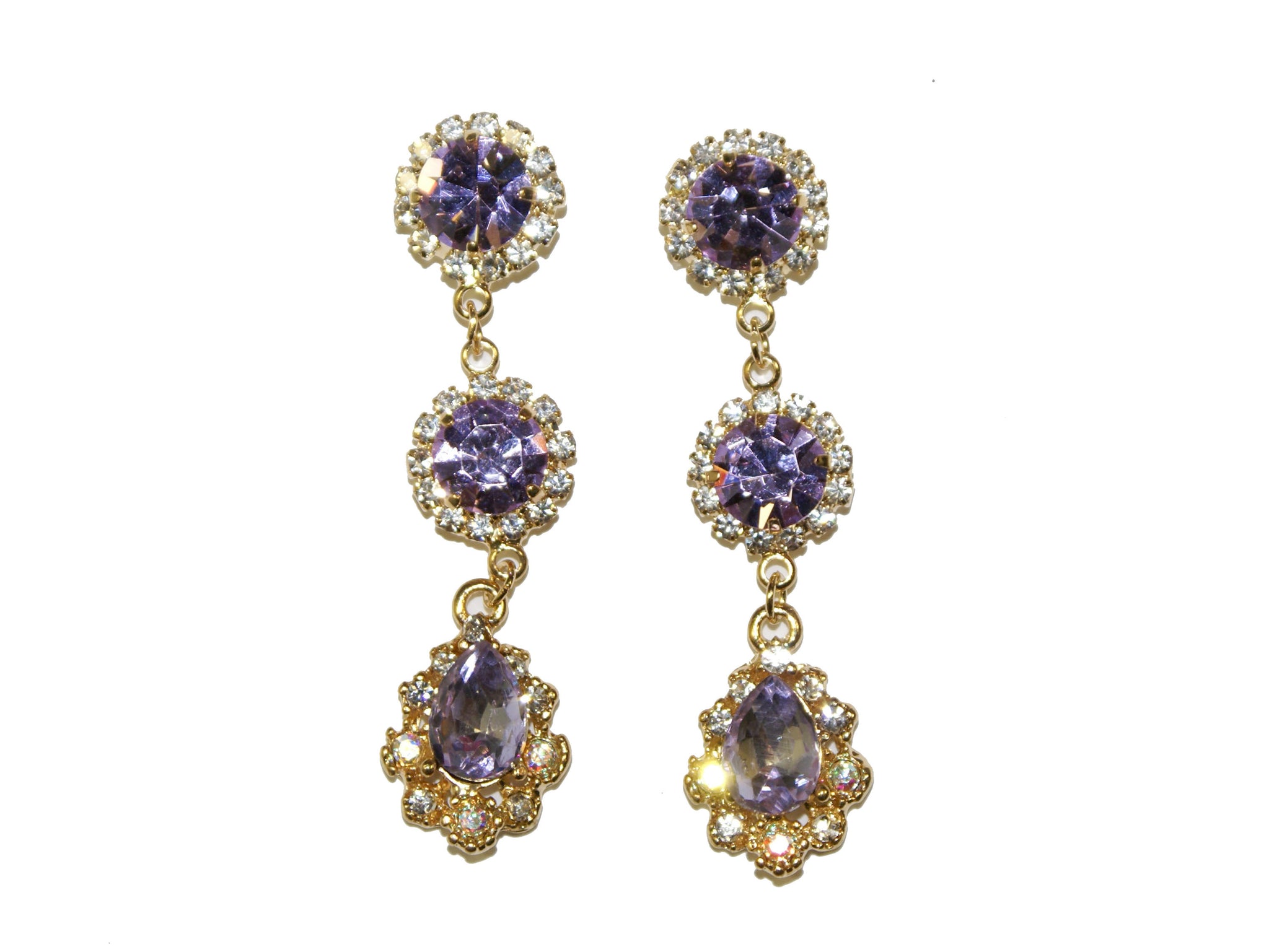 Two Circle + Teardrop Diamante Glass Drop Studs - Amethyst