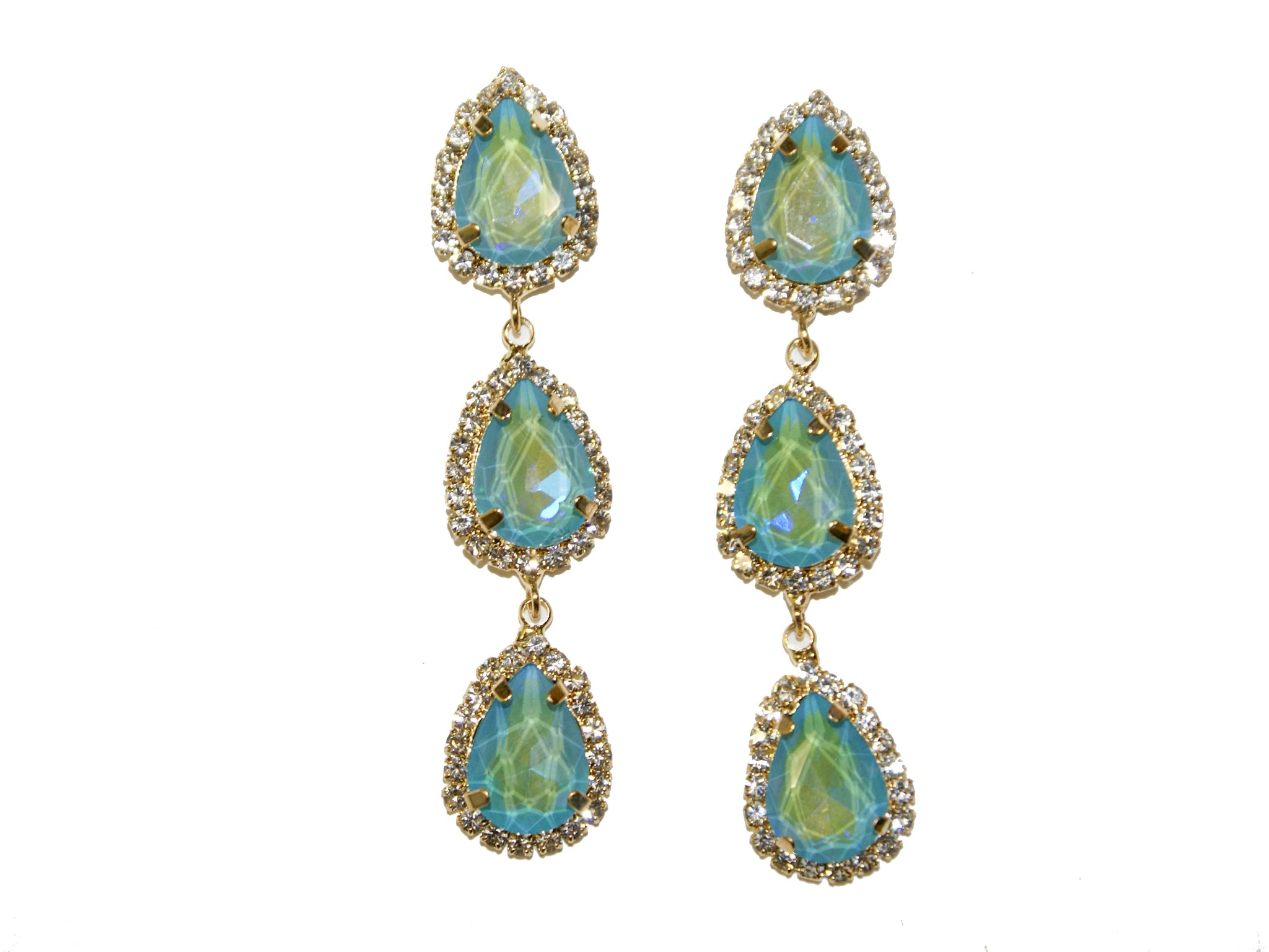 Three Teardrop Diamante Glass Drop Studs - Aquamarine