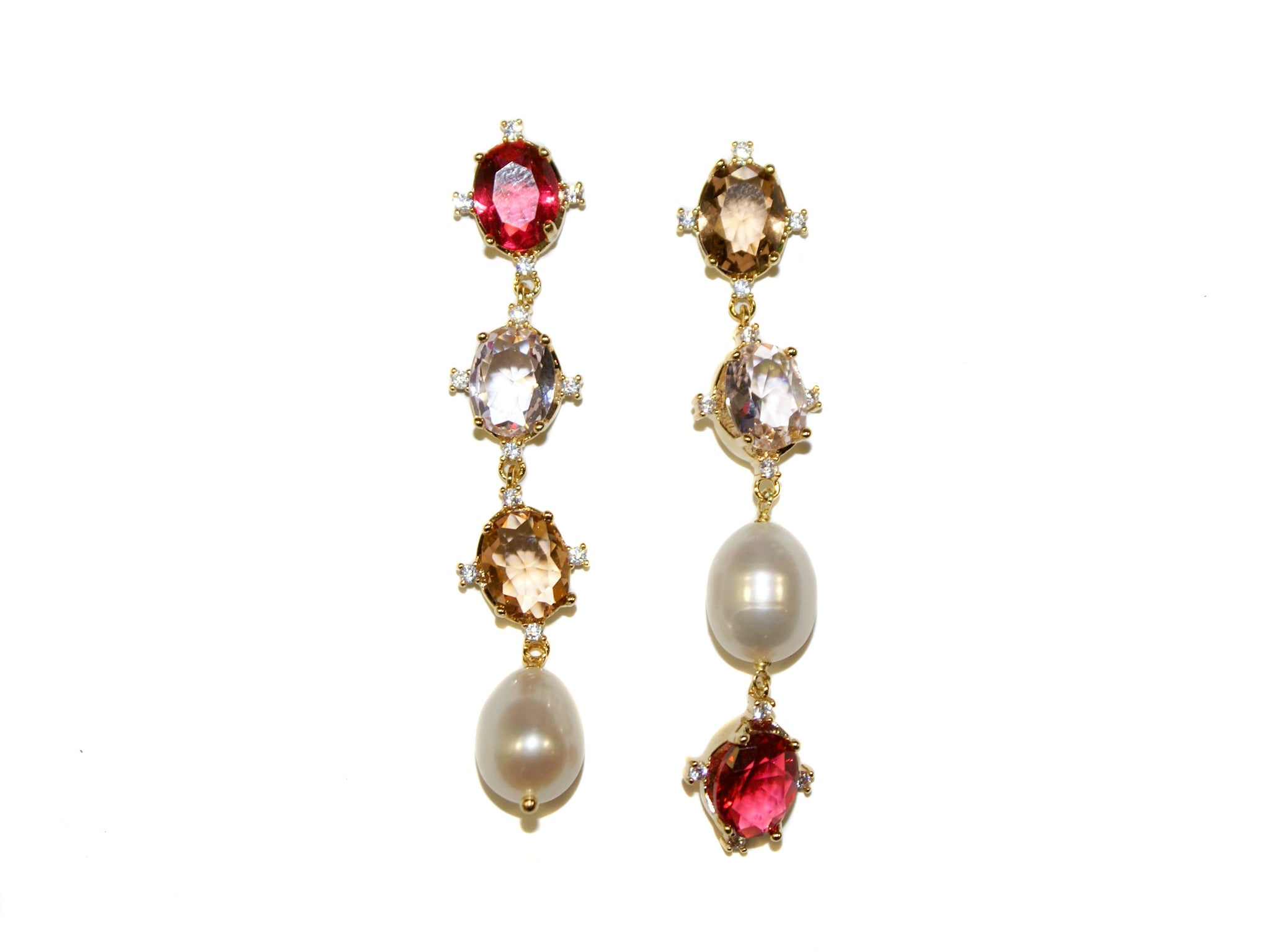 Three Crystals + Pearl Drop Studs - Ruby/Topaz