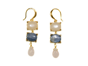 White Jade + Blue Kyanite + Rose Quartz 3 Stone Drop Earrings