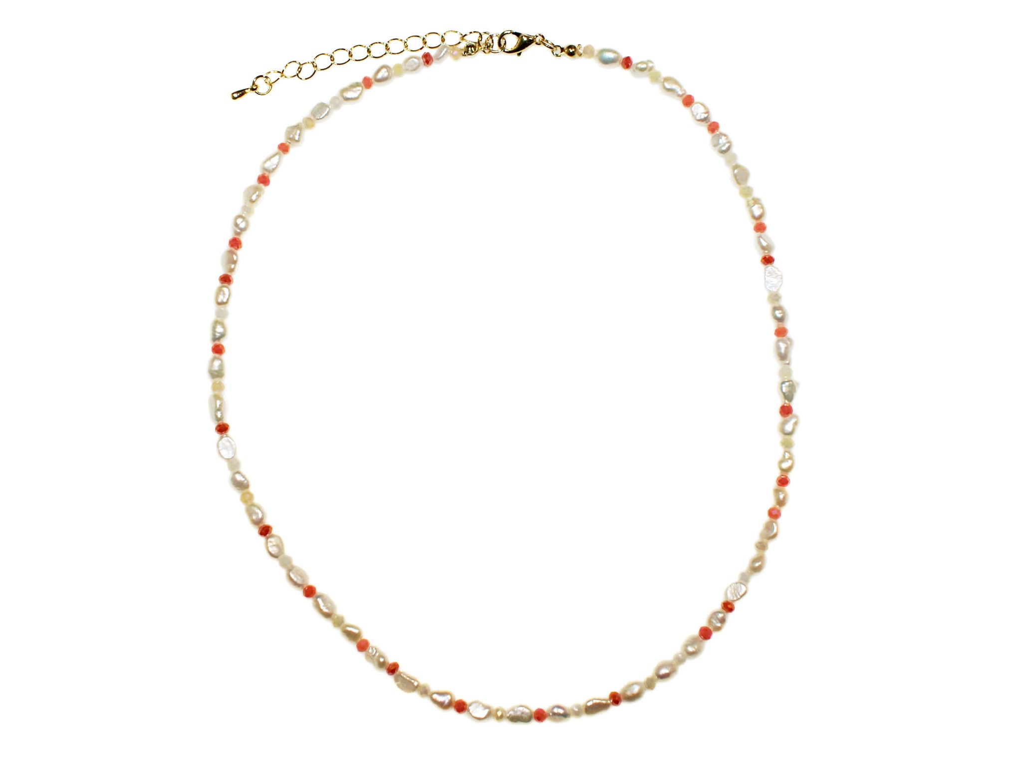 Gold Freshwater Pearl and Glass Bead Necklace - Pearl-Coral