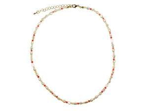 Gold Freshwater Pearl and Glass Bead Necklace - Pearl-Coral